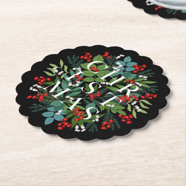 CHRISTMAS Berries Greenery Helgdag Black Underlägg Papper (Vinklad)