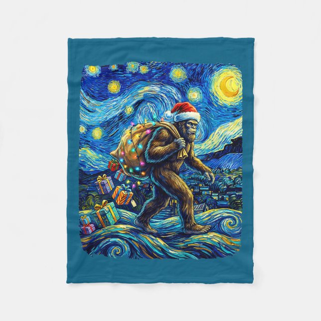 Christmas Bigfoot Santa Hat Van Gogh Starry Night  Fleecefilt (Framsidan)