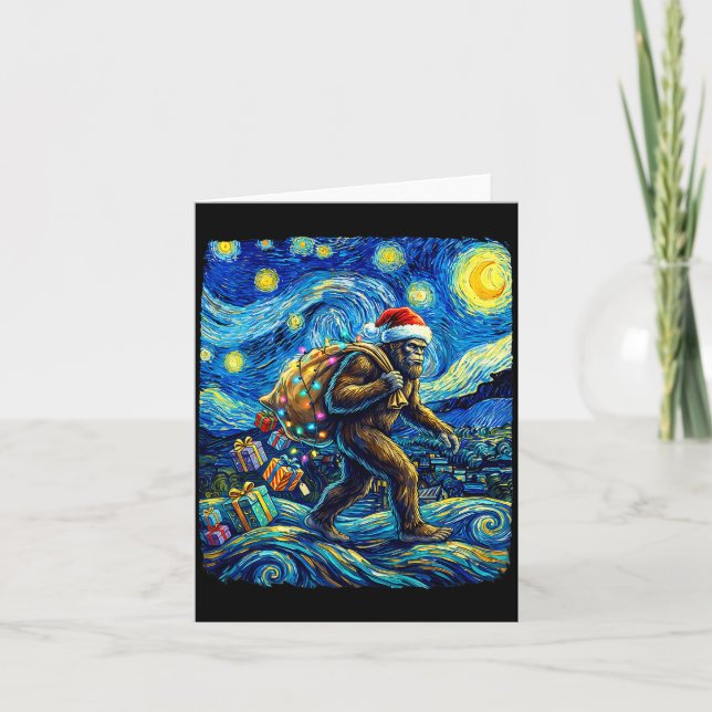 Christmas Bigfoot Santa Hat Van Gogh Starry Night  Kort (Framsida)