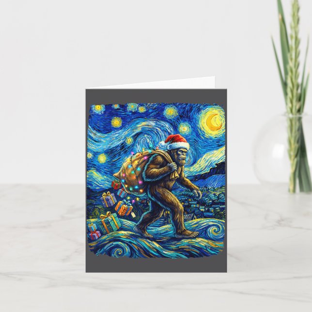 Christmas Bigfoot Santa Hat Van Gogh Starry Night  Kort (Framsida)