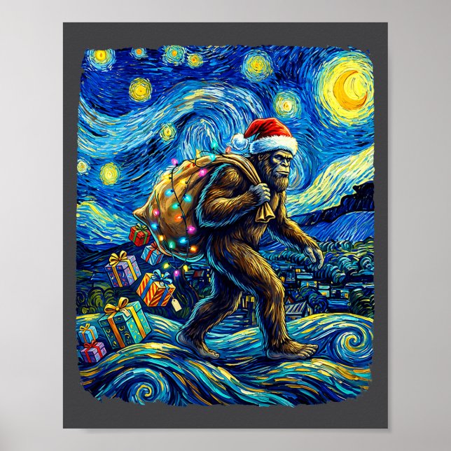 Christmas Bigfoot Santa Hat Van Gogh Starry Night  Poster (Framsidan)