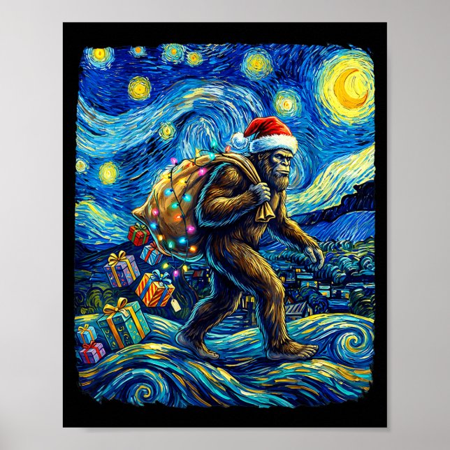 Christmas Bigfoot Santa Hat Van Gogh Starry Night  Poster (Framsidan)