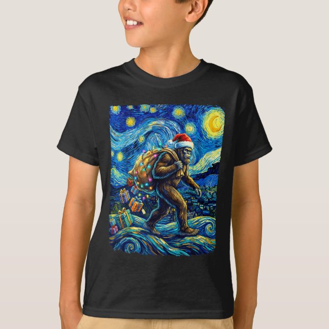 Christmas Bigfoot Santa Hat Van Gogh Starry Night  T Shirt (Framsida)