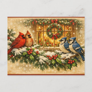 Christmas Birds on the Winter Berry Branches Helg Vykort
