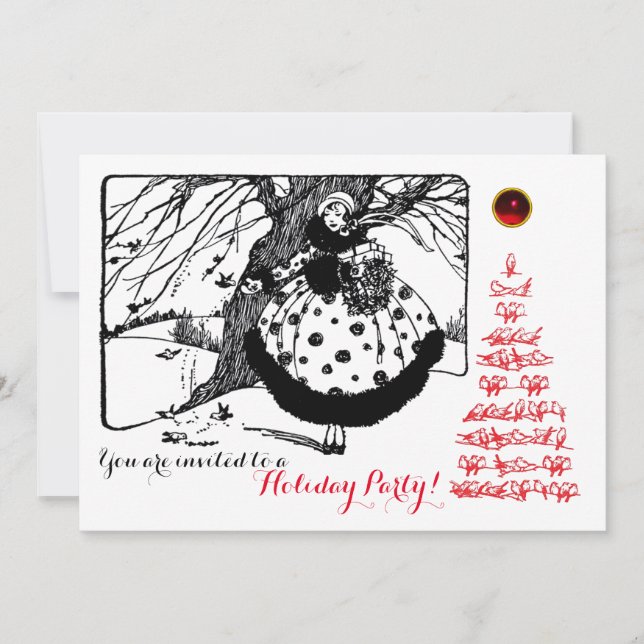 CHRISTMAS BIRDS TRÄD OCH DAM Black White Red Inbjudningar (Framsida)