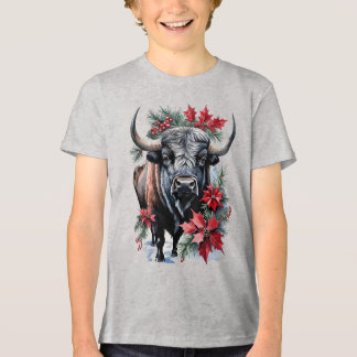 Christmas Bison With Big Horns And Poinsettias T Shirt