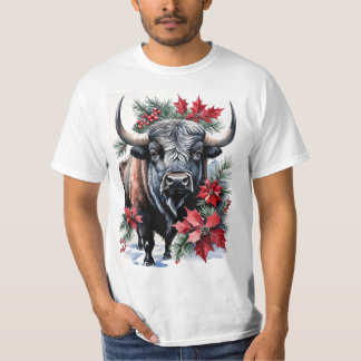 Christmas Bison With Big Horns And Poinsettias T Shirt
