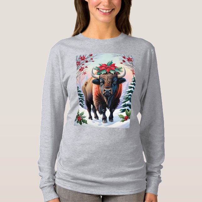 Christmas Bison With Big Horns Snow & Poinsettias T Shirt (Framsida)