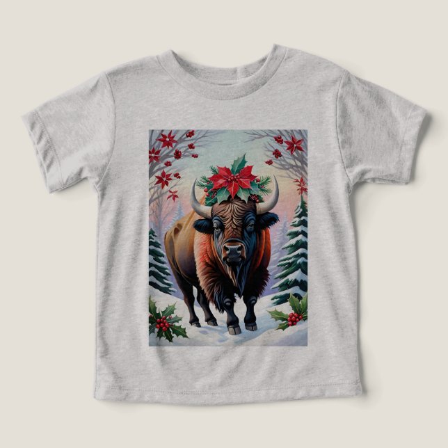 Christmas Bison With Big Horns Snow & Poinsettias T Shirt (Design Framsida)