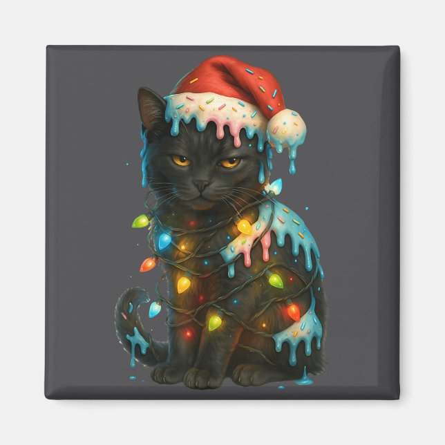 Christmas Black Cat Ice Cream Drip Santa Hat Cute  Magnet (Framsidan)