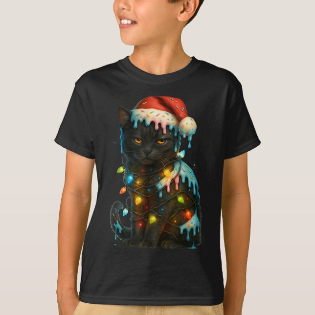 Christmas Black Cat Ice Cream Drip Santa Hat Cute  T Shirt (Framsida)