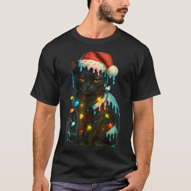 Christmas Black Cat Ice Cream Drip Santa Hat Cute  T Shirt (Framsida)