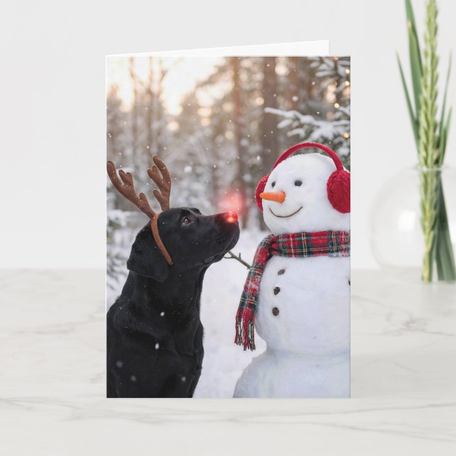 Christmas Black Labrador Retriever with Snowman Kort (Framsida)