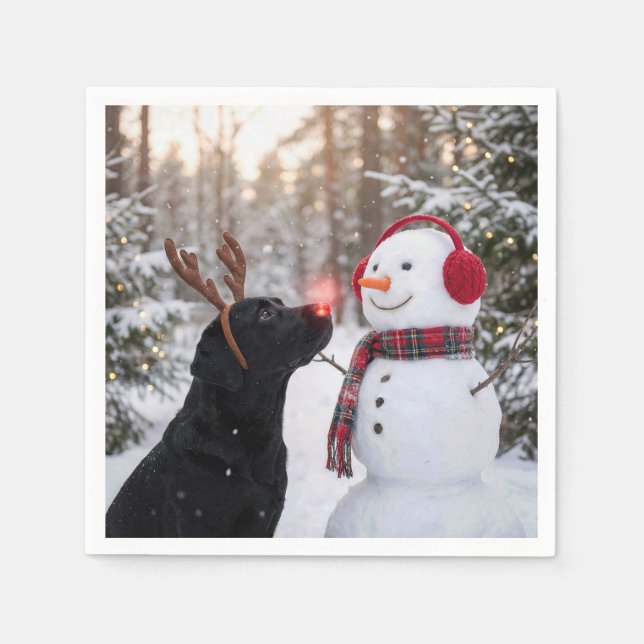 Christmas Black Labrador Retriever with Snowman Pappersservett (Framsidan)