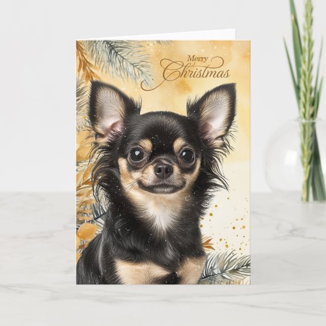 Christmas Black Tan Chihuaua Dog Golden Pines Helgkort (Framsida)