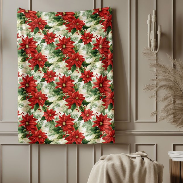 Christmas Blanket Red Poinsettia Festive Accent Fleecefilt (Cozy Christmas Blanket Red Poinsettia Elegance)