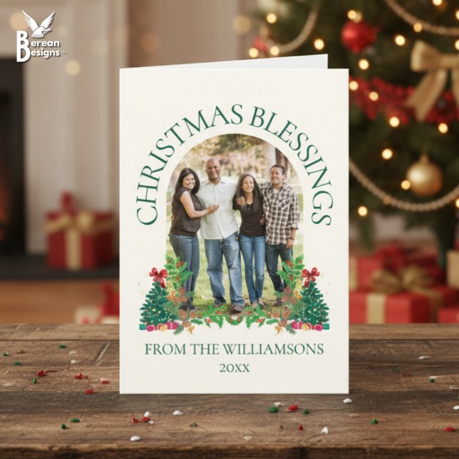 CHRISTMAS BLESSINGS Family Photo Kort (Festive Family photo Christmas card with customizable photo and text. Ideal card for Christians)