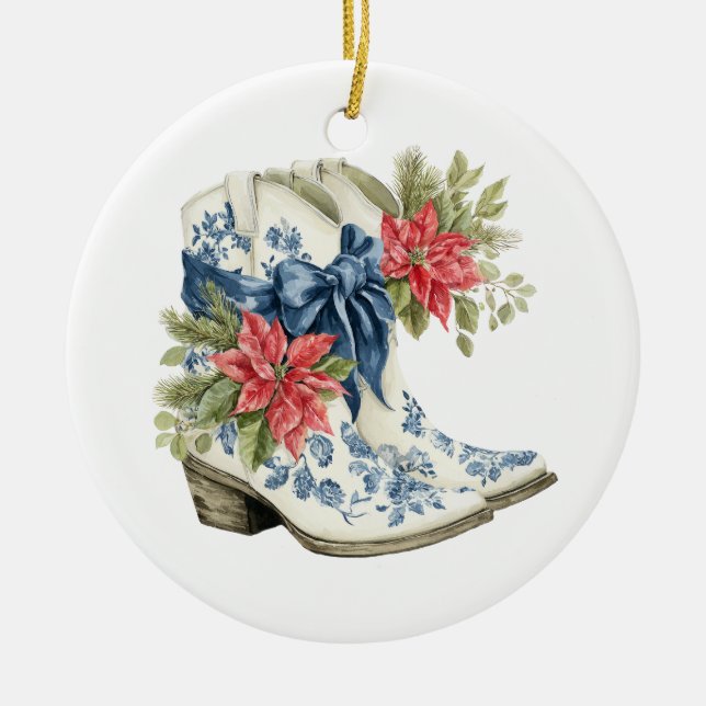 Christmas Blue Chinoiserie Cowgirl Boots Julgransprydnad Keramik (Framsidan)