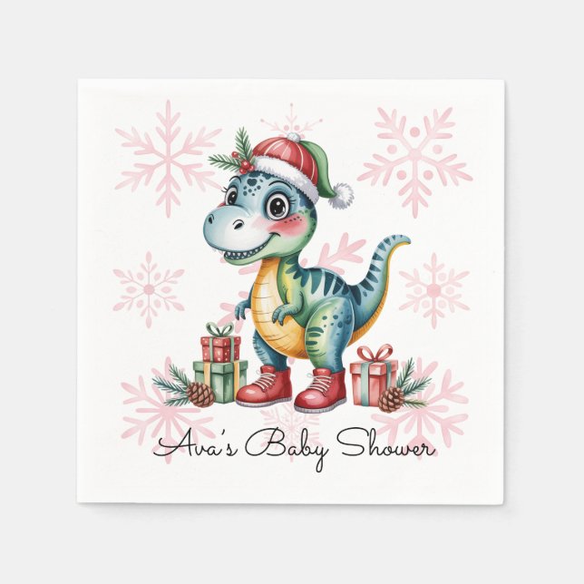 Christmas Blue Dino and Presents Boy Baby Shower Pappersservett (Framsidan)