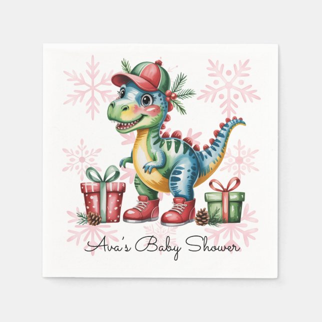 Christmas Blue Dino and Presents Boy Baby Shower Pappersservett (Framsidan)