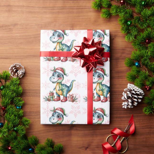 Christmas Blue Dino and Presents Boy Baby Shower Presentpapper (Julgåva)