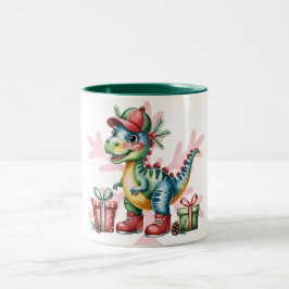 Christmas Blue Dino and Presents Boy Baby Shower Två-Tonad Mugg