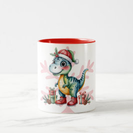 Christmas Blue Dino and Presents Boy Baby Shower Två-Tonad Mugg