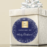 Christmas blue silver glitter business logo runt klistermärke<br><div class="desc">A classic navy blue background,  decorated with faux silver glitter,  sparkles. Personalize and add your business,  company logo and a text.  Text: Merry Christmas written with a modern hand letteres style script.</div>