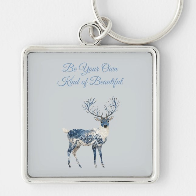 Christmas Blue White Chic Deer Fyrkantig Silverfärgad Nyckelring (Framsidan)