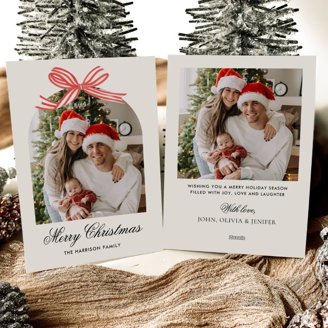 Christmas Boho Red Bow Ribbon 2 Photo Julkort (Skapare uppladdad)