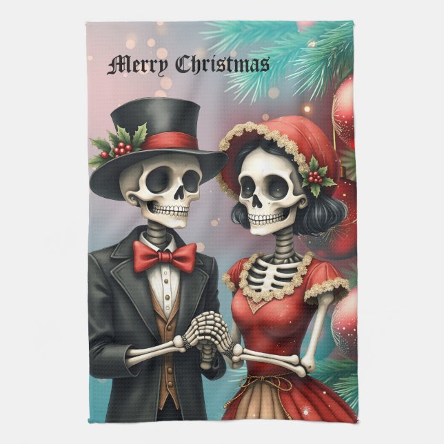 Christmas Bone Romance, A festive skeleton couple. Kökshandduk (Vertikal)
