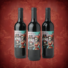 Christmas Bone Romance, A festive skeleton couple. Vinflaska Etikett