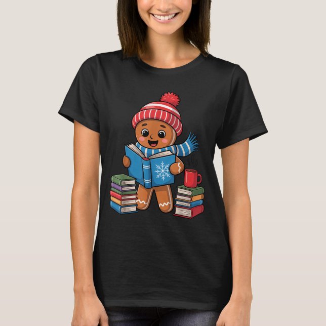 Christmas Bookworm Gingerbread Reading Books Funny T Shirt (Framsida)