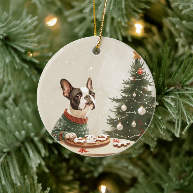 Christmas Boston Terrier Dog Julgransprydnad Keramik (Träd)