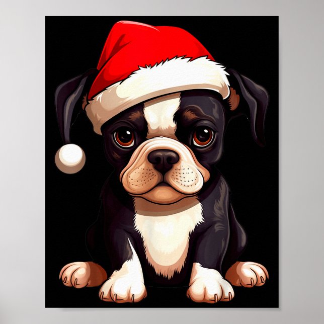 Christmas Boston Terrier Dog Santa Hat Funny Xmas  Poster (Framsidan)