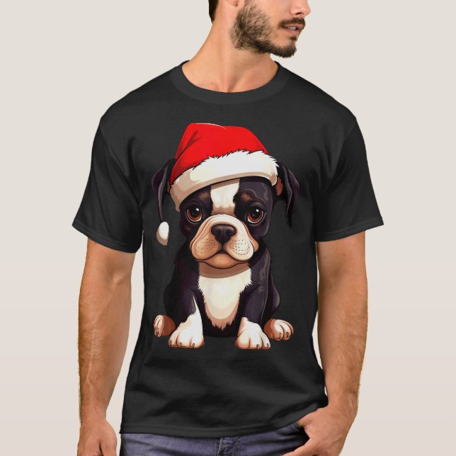 Christmas Boston Terrier Dog Santa Hat Funny Xmas  T Shirt (Framsida)