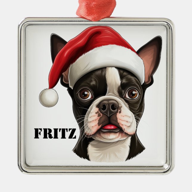 CHRISTMAS BOSTON TERRIER HUND AND SANTA HAT JULGRANSPRYDNAD METALL (Framsidan)