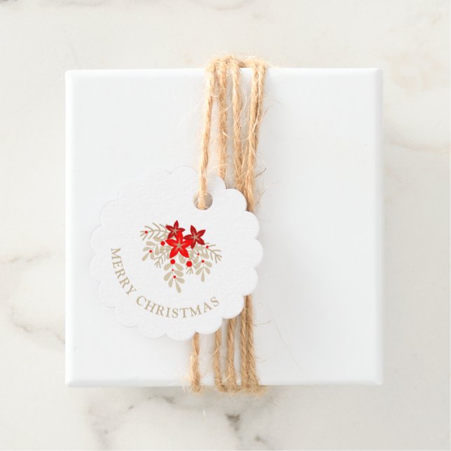 Christmas Botanical Holly Branches Poinsettias Gåvor Etiketter (På plats)