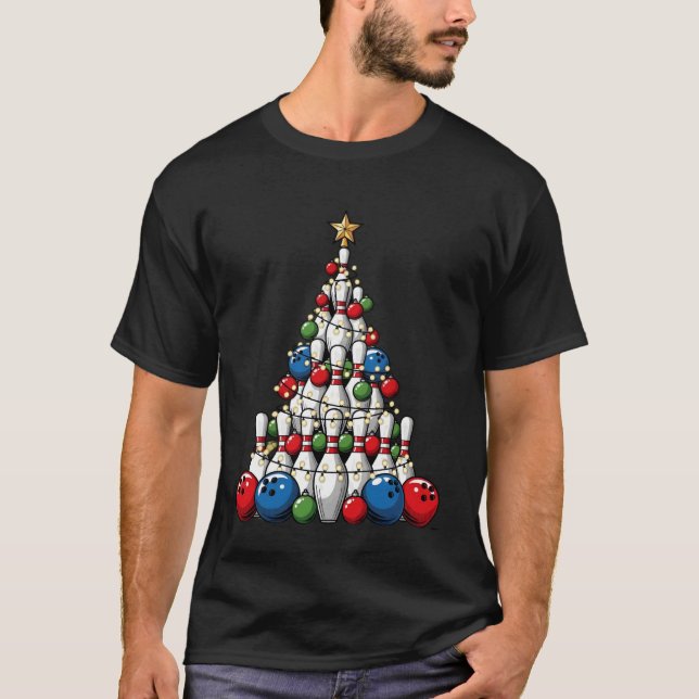 Christmas Bowling Pin Ball Tree Xmas Funny Men Boy T Shirt (Framsida)