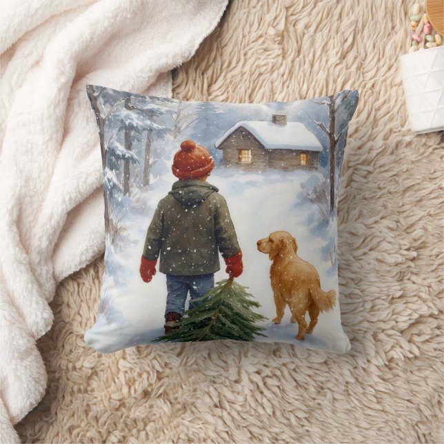 Christmas Boy In Snowflakes With Pine Tree and Dog Kudde (Filt)