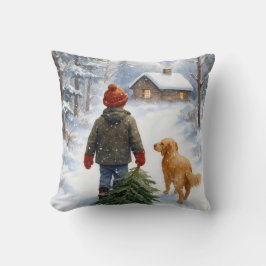 Christmas Boy In Snowflakes With Pine Tree and Dog Kudde