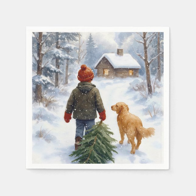 Christmas Boy In Snowflakes With Pine Tree and Dog Pappersservett (Framsidan)