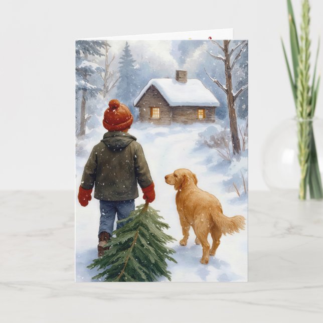 Christmas Boy With Pine Tree and Dog Kort (Framsida)