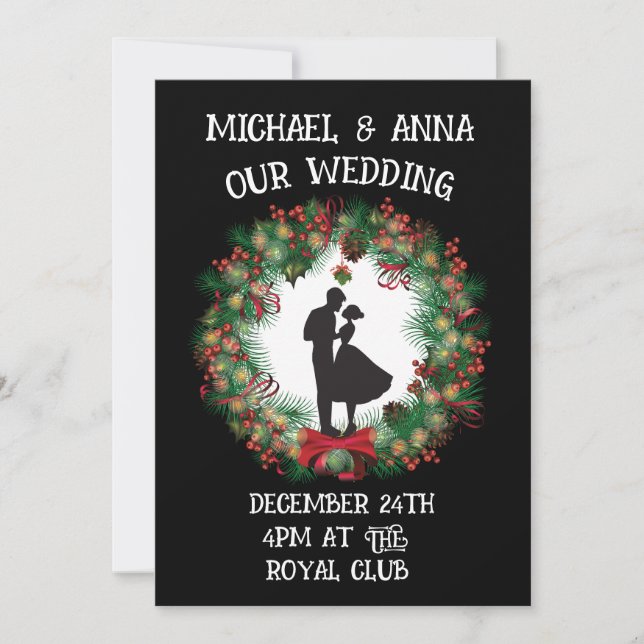 CHRISTMAS BRÖLLOP BLACK & RED WREATH INVITATIONS INBJUDNINGAR (Framsida)