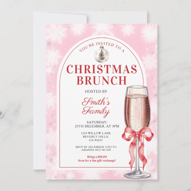 Christmas Brunch Party Red Bow Wine Pink Gingham Inbjudningar (Framsida)
