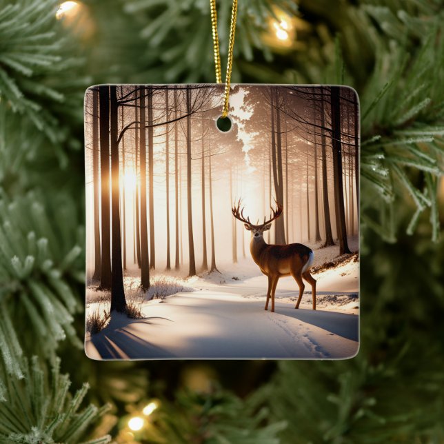 Christmas Buck In Winter Forest Julgransprydnad Keramik (Träd)