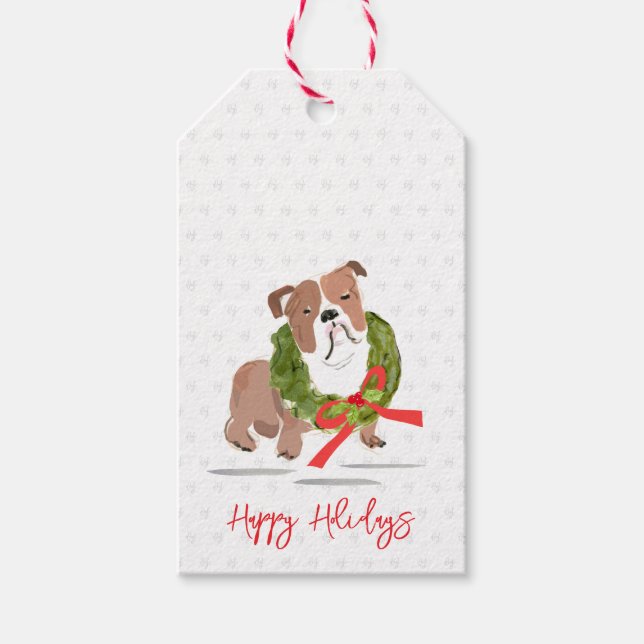 Christmas Bulldog Happy Holidays Holly Love NAME Presentetikett (Framsidan)