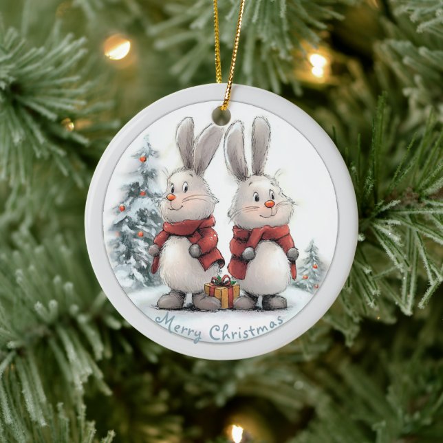 Christmas Bunny and gift, personalized Julgransprydnad Keramik (Träd)