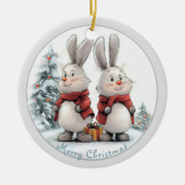 Christmas Bunny and gift, personalized Julgransprydnad Keramik