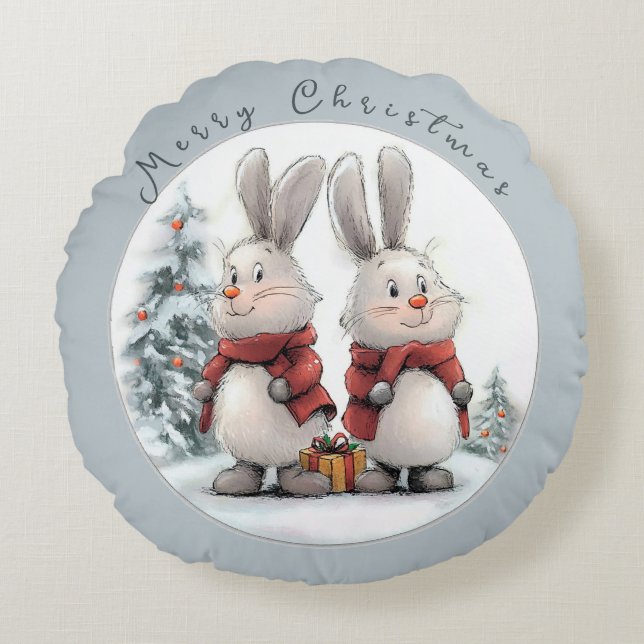 Christmas Bunny and gift, personalized Rund Kudde (Framsidan)